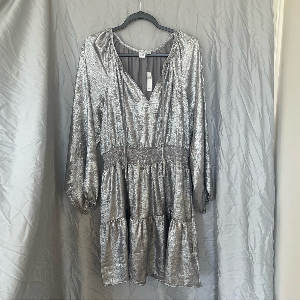 GAP metallic smocked split neck mini summer wedding guest dress